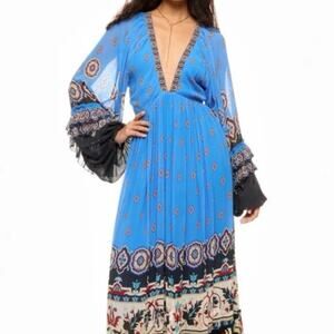 FARM RIO Blue Black Anika Tiles Long Sleeve Electric Print Maxi Dress size XS